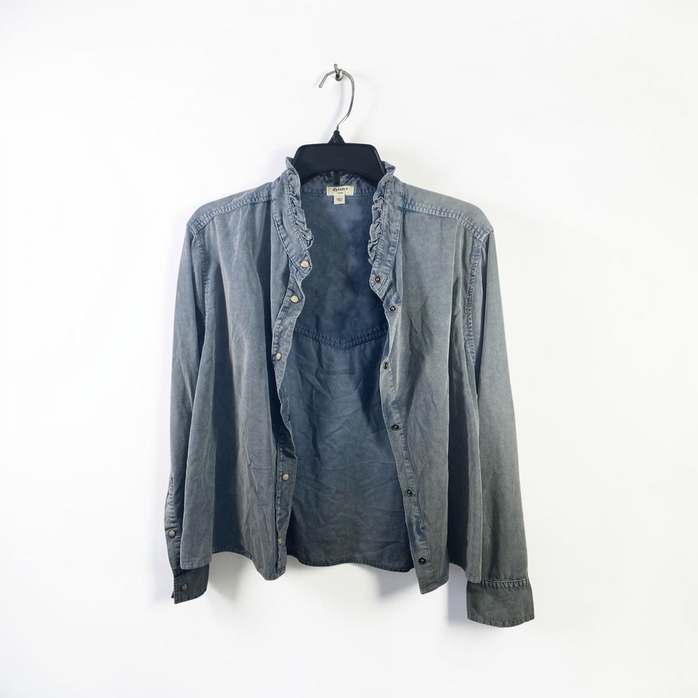 Dylan by True Grit Blue Denim Ruffle Collar Western Snap Button Down Shirt Small